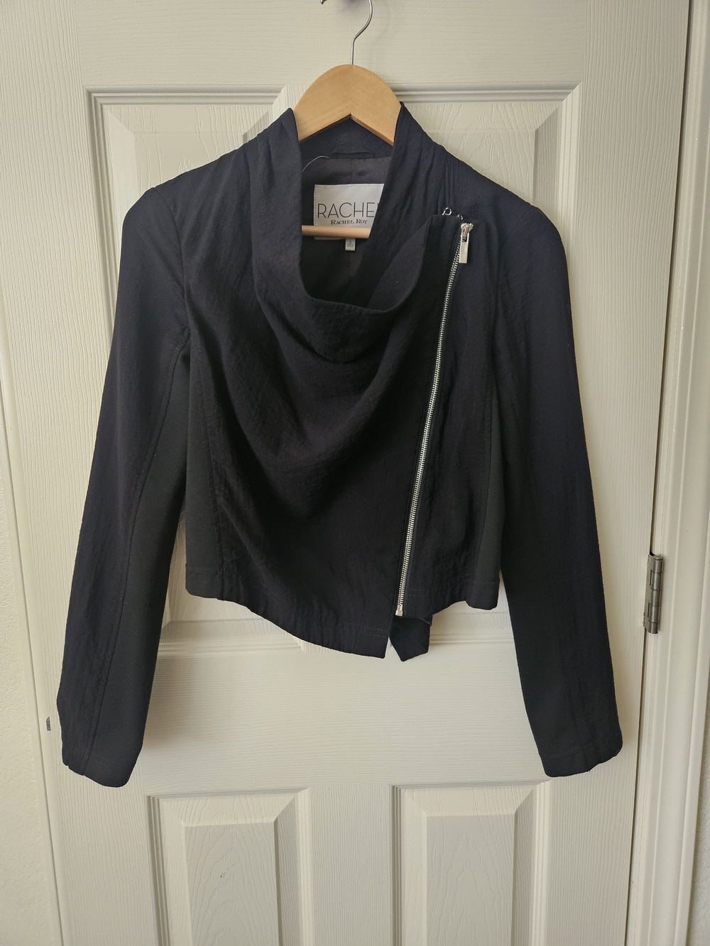 Rachel Black Asymmetrical Zip Draped-Collar Jacket